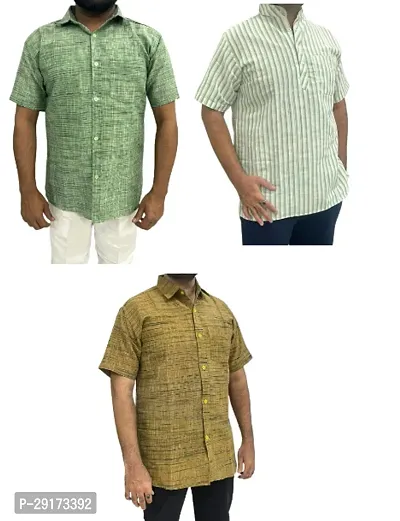 Reliable Multicoloured Khadi Cotton Short Sleeves Kurta and Shirt Combo For Men Pack Of 3-thumb0