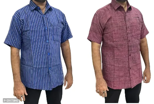 Reliable Multicoloured Khadi Cotton Short Sleeves Casual Shirt For Men Pack Of 2-thumb0