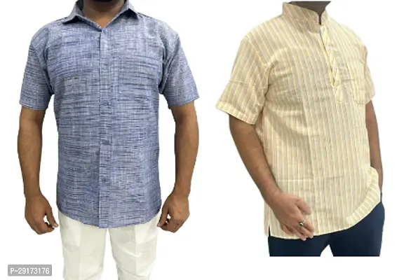 Reliable Multicoloured Khadi Cotton Short Sleeves Kurta and Shirt Combo For Men Pack Of 2-thumb0