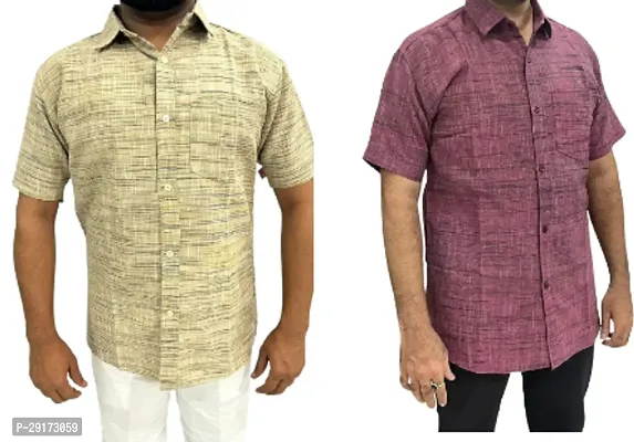 Reliable Multicoloured Khadi Cotton Short Sleeves Casual Shirt For Men Pack Of 2-thumb0