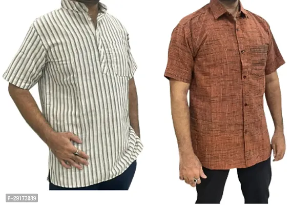 Reliable Multicoloured Khadi Cotton Short Sleeves Kurta and Shirt Combo For Men Pack Of 2-thumb0