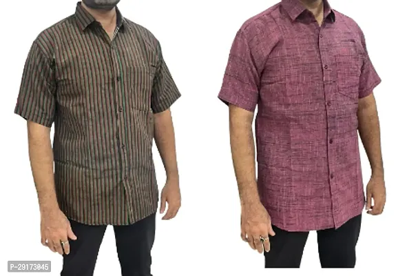 Reliable Multicoloured Khadi Cotton Short Sleeves Casual Shirt For Men Pack Of 2-thumb0