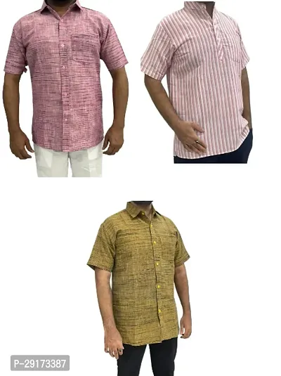 Reliable Multicoloured Khadi Cotton Short Sleeves Kurta and Shirt Combo For Men Pack Of 3-thumb0