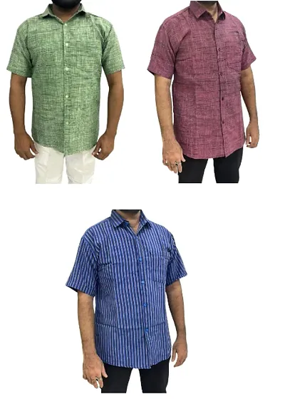 Reliable Khadi Striped Casual Shirts For Men Pack Of 3