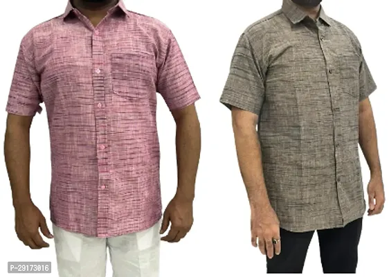 Reliable Multicoloured Khadi Cotton Short Sleeves Casual Shirt For Men Pack Of 2-thumb0