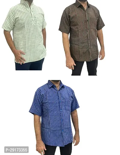 Reliable Multicoloured Khadi Cotton Short Sleeves Kurta and Shirt Combo For Men Pack Of 3