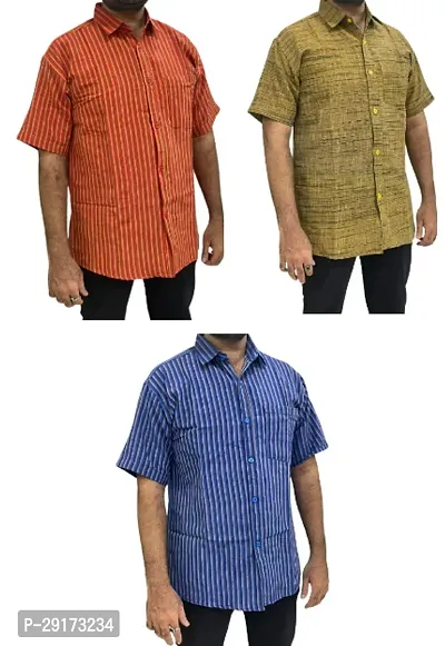 Reliable Multicoloured Khadi Cotton Short Sleeves Casual Shirt For Men Pack Of 3-thumb0