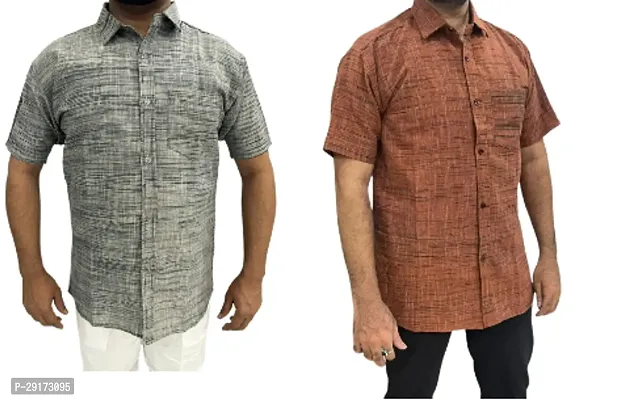 Reliable Multicoloured Khadi Cotton Short Sleeves Casual Shirt For Men Pack Of 2-thumb0