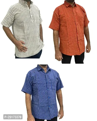 Reliable Multicoloured Khadi Cotton Short Sleeves Kurta and Shirt Combo For Men Pack Of 3-thumb0