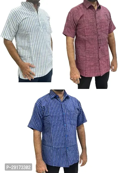 Reliable Multicoloured Khadi Cotton Short Sleeves Kurta and Shirt Combo For Men Pack Of 3-thumb0