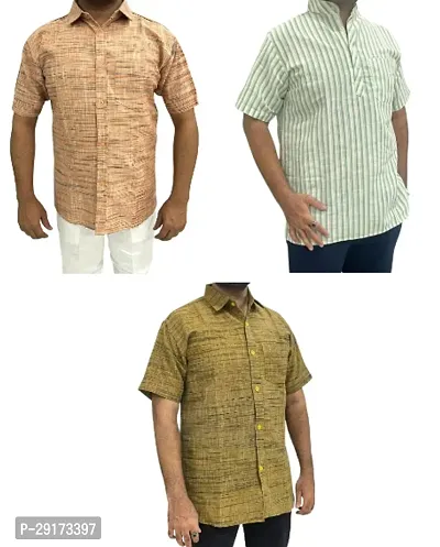 Reliable Multicoloured Khadi Cotton Short Sleeves Kurta and Shirt Combo For Men Pack Of 3