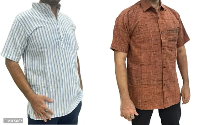 Reliable Multicoloured Khadi Cotton Short Sleeves Kurta and Shirt Combo For Men Pack Of 2-thumb0