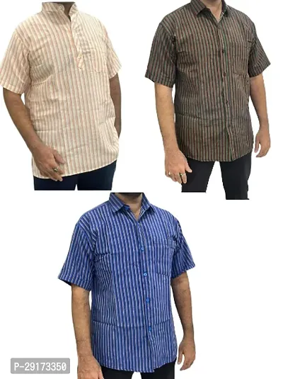 Reliable Multicoloured Khadi Cotton Short Sleeves Kurta and Shirt Combo For Men Pack Of 3