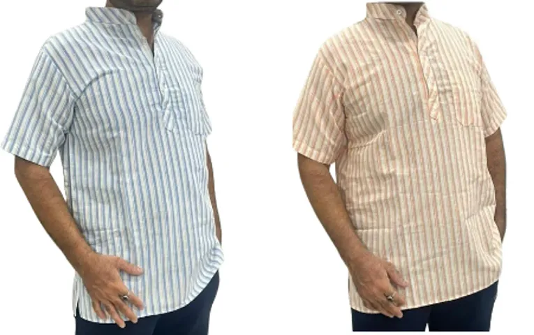 Reliable Multicoloured Khadi Cotton Striped Kurta For Men Pack Of 2