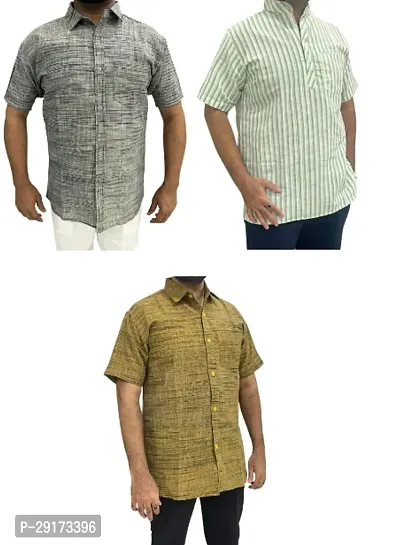 Reliable Multicoloured Khadi Cotton Short Sleeves Kurta and Shirt Combo For Men Pack Of 3