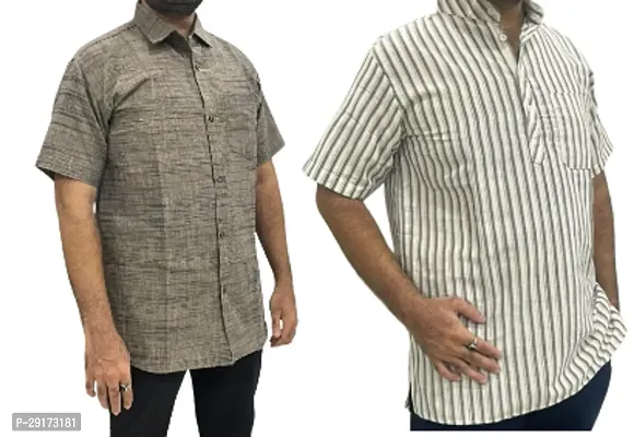 Reliable Multicoloured Khadi Cotton Short Sleeves Kurta and Shirt Combo For Men Pack Of 2-thumb0