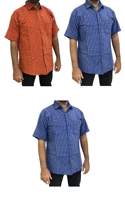 Reliable Khadi Striped Casual Shirts For Men Pack Of 3