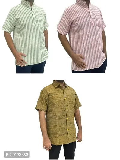 Reliable Multicoloured Khadi Cotton Short Sleeves Kurta and Shirt Combo For Men Pack Of 3