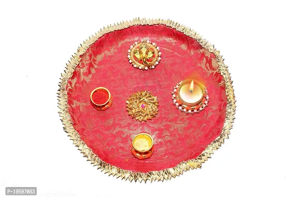 Eyesphilic Steel Combo Set Thali, Chalni, Roli Chawal Bowl, Diya Holder, Calender, Book, With Roli Chawal For Karwa Chauth Pooja(pack of 12 items)-thumb3