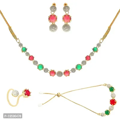 Eyesphilic Ad stone jewelry set including 1 bracelet, 1 ring, 1 pair earing and a necklace with jewelry box(red and green color) (black)-thumb0