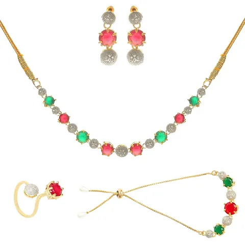 Eyesphilic Ad stone jewelry set including 1 bracelet, 1 ring, 1 pair earing and a necklace with jewelry box(red and green color) (black)
