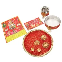 Desingner karwa chauth combo set of pooja thali 30 cm diameter, kalash 12 cm *12 cm, 1 chalni, 2 roli chawal bowl including roli chawal an 1 deepak holder with calendar and book for pooja(pack of 9)-thumb2