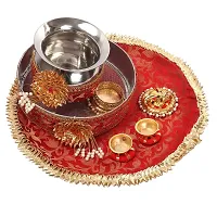 Desingner karwa chauth combo set of pooja thali 30 cm diameter, kalash 12 cm *12 cm, 1 chalni, 2 roli chawal bowl including roli chawal an 1 deepak holder with calendar and book for pooja(pack of 9)-thumb1