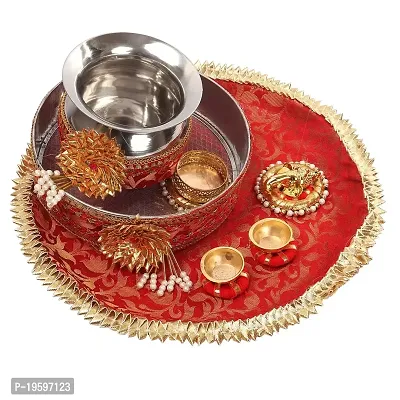 Desingner karwa chauth combo set of pooja thali 30 cm diameter, kalash 12 cm *12 cm, 1 chalni, 2 roli chawal bowl including roli chawal an 1 deepak holder with calendar and book for pooja(pack of 9)-thumb2