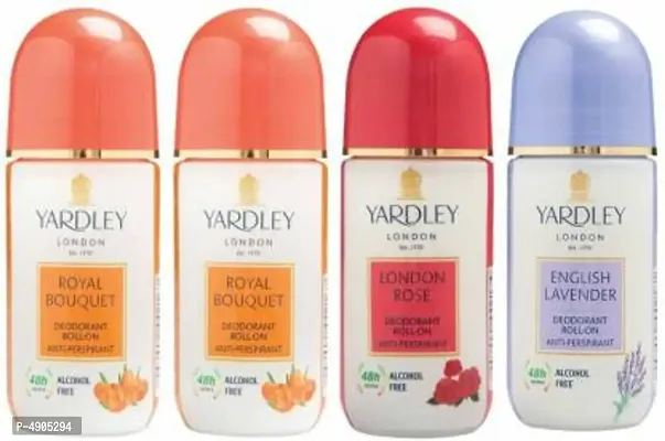 Yardley London 2 Royal Bouquet, 1 London Rose and 1 English Lavender Deodorant Roll-on - For Men & Women(Pack of 4) Deodorant Roll-on - For Men & Women (200 ml, Pack of 4)