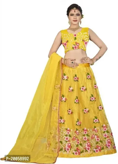 ZAQE ZONE Satin Blend Self Design Semi-Stitched Lehenga choli Set for Women -Yellow (zq-fulpari)-thumb0