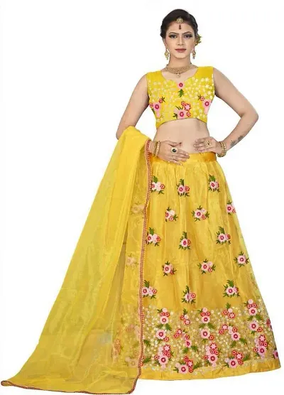 ZAQE ZONE Satin Blend Self Design Semi-Stitched Lehenga choli Set for Women -Yellow (zq-fulpari)