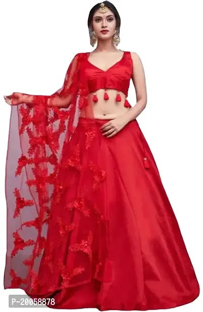 ZAQE ZONE Taffeta Self Design Semi-Stitched Lehenga choli Set for Women -Red (zq-ribon-red)