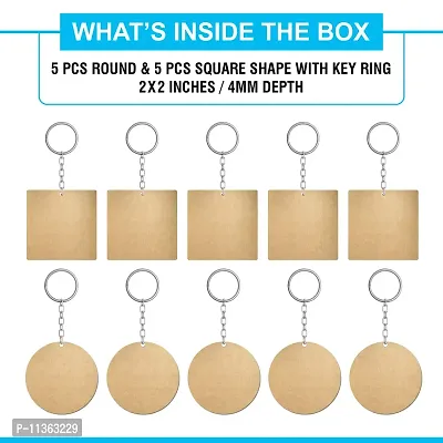 Swag Station MDF Cutouts for Art and Craft with Smooth Surface.MDF Board Suitable for Decoupage,Resin Art,Pyrography,Mandala Art,Square Key Chain with Ring,5 Pcs Round and 5 pcs Square Shape Keyring-thumb2