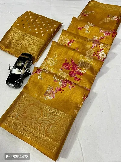 Stylish Silk Blend Golden Printed Saree with Blouse piece-thumb0