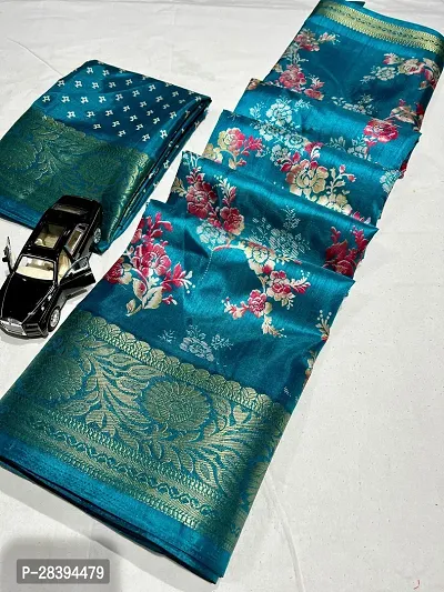 Stylish Silk Blend Blue Printed Saree with Blouse piece-thumb0