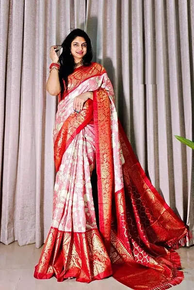 Elegant Soft Pure Dola Silk Kalamkari Saree with Zari Foil Border