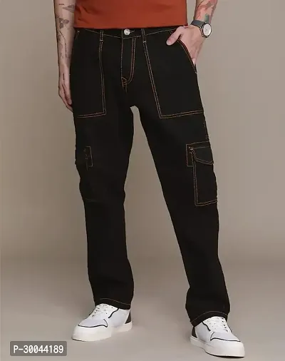 Trendy Black Denim Cargo Jeans For Men-thumb0