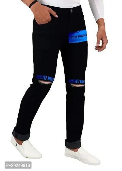 Men Black Knee Cut Printed Slim Fit Denim Jeans