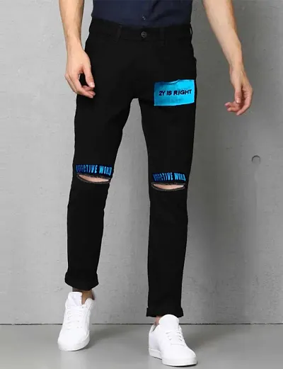 Men Black Knee Cut Printed Slim Fit Denim Jeans