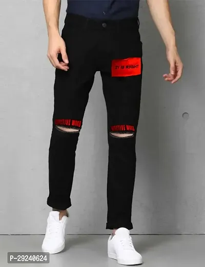 Men Black Knee Cut Printed Slim Fit Denim Jeans