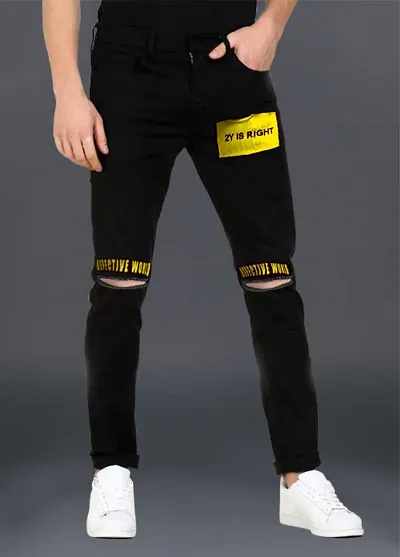 Men Black Knee Cut Printed Slim Fit Denim Jeans