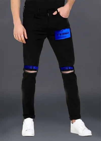 Men Printed Knee Cut Black Slim Fit Jeans