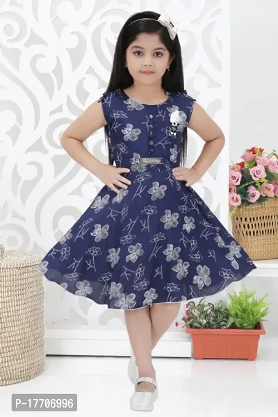 Girlrsquo;s Fancy Short Sleeve Knee Length Navy Blue Color Frock.-thumb0