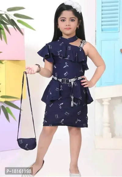 Girls Fancy Unique Designed Navy Blue Color Frock With Bag  Belt Add on For Party, Festive  Ethnic Wear.-thumb0