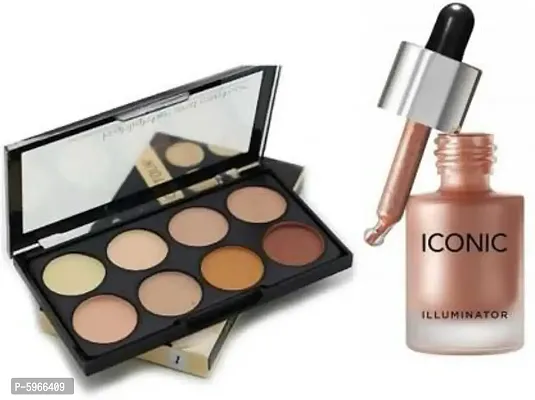 Highlighter  Contour 8 shade Concealer Palette Concealer (Beige, 25 g)  ICONIC London Waterproof Illuminator Smooth Shine Liquid Highlighter 3D Glow shine Highlighter (Original)  (2 Items in the set