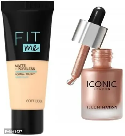 BEST EVER MAKEUP PERFECTING PROFESSIONAL BEAUTY KIT.Matte+Poreless Oil Free Based Liquid Foundation (Golden Beige, 80 g).ICONIC ILLUMINATOR SHINE SHADE ( 13. 5ML ) 3.0 GLOW .  (2 Items in the set)