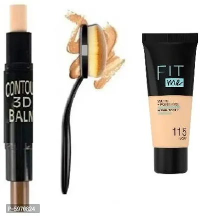 MAKEUP COMBO CONTOUR 3D BALM STICK HIGHLIGHTER AND CONTOUR STICK  MATTE+PORELESS OIL FREE BASED LIQUID FOUNDATION (GOLDEN BEIGE ) OVAL FOUNDATION /FACE POWDER /BLUSHER BRUSH(3 Items in the set)