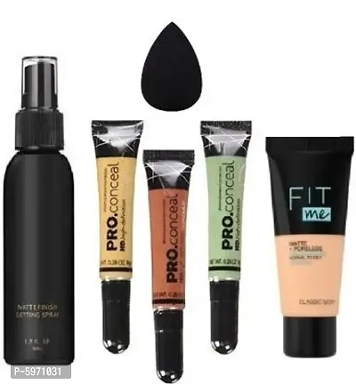 THE MATTE MAKE UP FIXER LONG LASTING AND HYDRATING, PRO CONCEAL HD CONCEALER (ORANGE, YELLOW, GREEN, 8 G EACH)  MATTE+PORELESS OIL FREE  LIQUID FOUNDATION ( GOLDEN BEIGE ). 1 MAKEUP BLENDER (6 ITEMS)