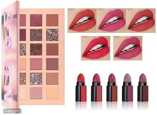 Makeup Kit for Girls, Lipstick Combo Set 5 fabulous Shades in 1 Red Edition Matte Finish Lipsticks with 18 Shades Nude Edition Eyeshadow Palette Brand: HUDACRUSH-thumb0