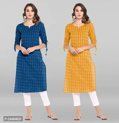 Beautiful Cotton Navy Blue And Yellow Casual Kurta For Women Pack Of 2